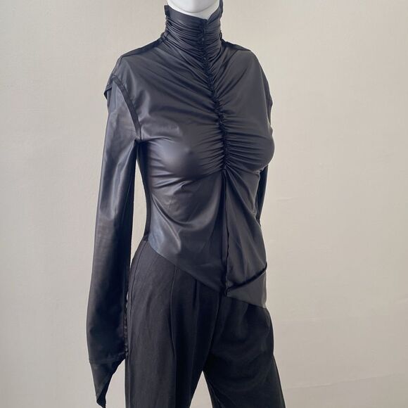 Sami Miro Vintage Shirred Vinyl Turtleneck Black Eco-Conscious Top in Carbon - Picture 3 of 10